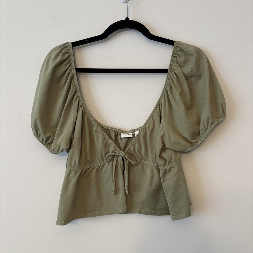 Puff Sleeve Tie-Front Top - Olive Green